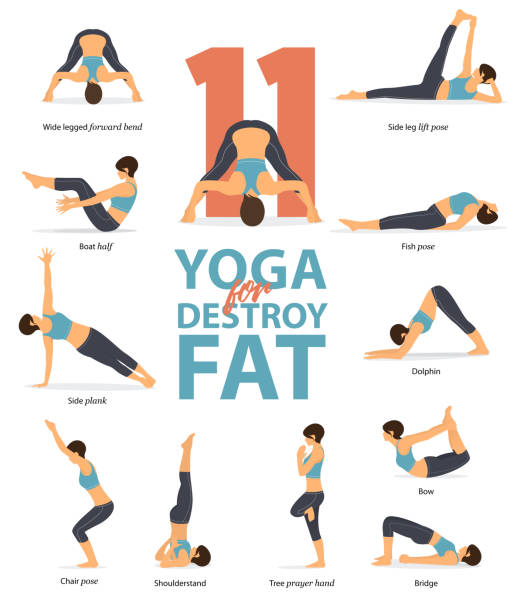 ilustrações de stock, clip art, desenhos animados e ícones de set of yoga postures female figures infographic . 11 yoga poses for destroy fat in flat design. woman figures exercise in blue sportswear and black yoga pants. vector. - posture women side view yoga