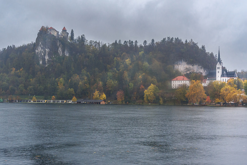 View of Lake Bled on rainy day in autumn. Slovenia