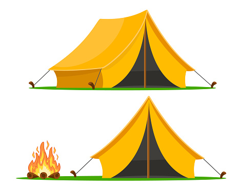 A set of tourist tent with different angles and a campfire on a white background.