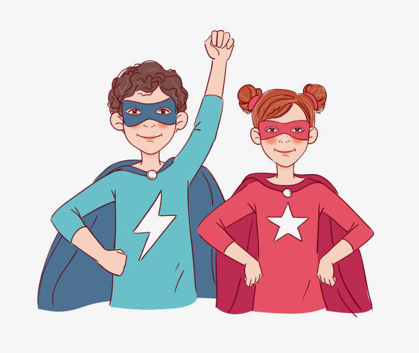 illustrations, cliparts, dessins animés et icônes de deux enfants mignons super-héros - heroes