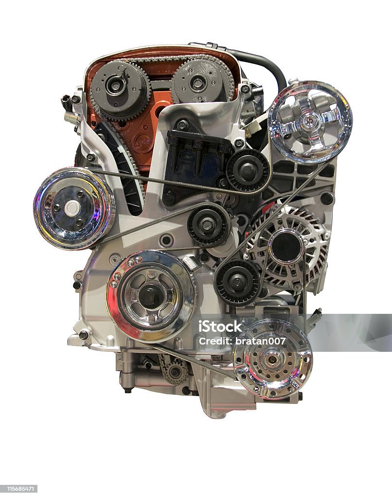 Car Engine Isolated gasoline engine with chrome plated parts with lots of details. Isolated with clipping path against white background Gearshift Stock Photo
