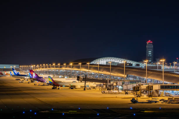 Osaka, Japan - May 23 2019 : Kansai International Airport Terminal 1 at night. \nThere is a runway of 4000m at the terminal 1.