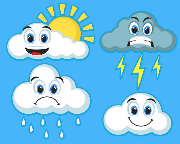 Set of clouds of emoticons on a blue background. Set of clouds of emoticons with different moods on a blue background. angry clouds stock illustrations
