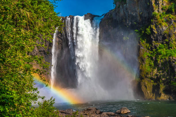 Double Rainbow at Snoqualmie Falls in Washington stock photo