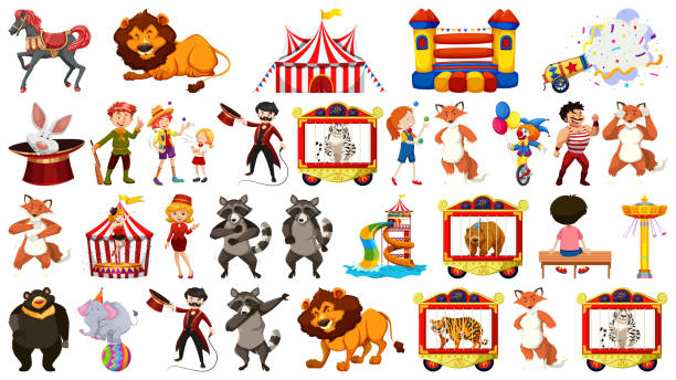 Set of circus element Set of circus element illustration rabbit cage cartoon stock illustrations