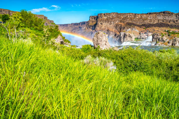 piękny poranek z czystym niebem i podwójną tęczą nad wodospadem shoshone w twin falls, idaho - shoshone river zdjęcia i obrazy z banku zdjęć