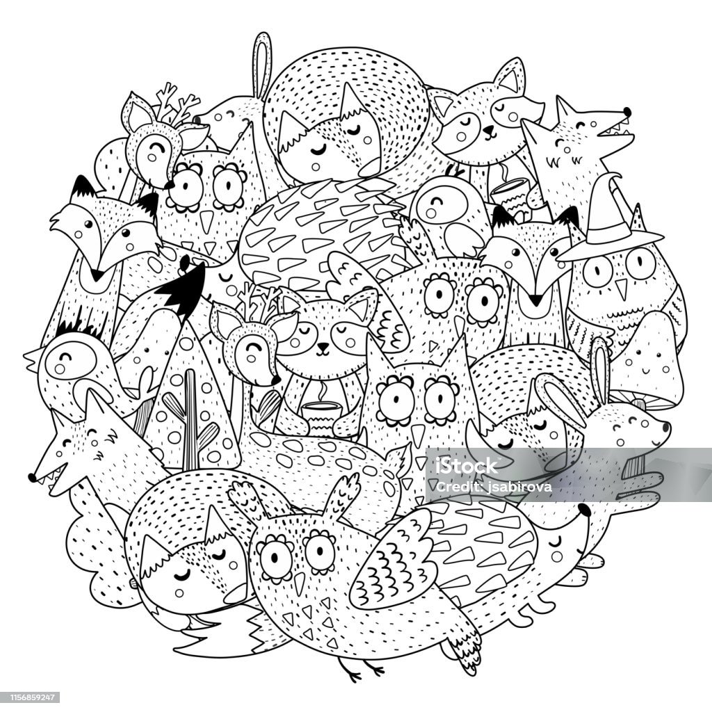 Fantasy Forest Animals Circle Shape Coloring Page Black And White Print  Stock Illustration - Download Image Now - iStock