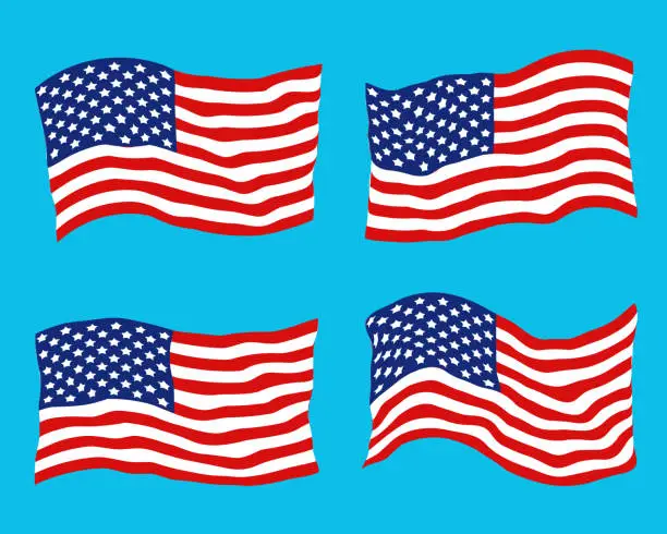 Vector illustration of Set of waving USA flags on a blue.