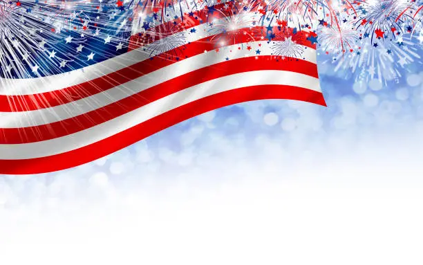 USA 4th of july Independence day banner design of American flag with fireworks on white background