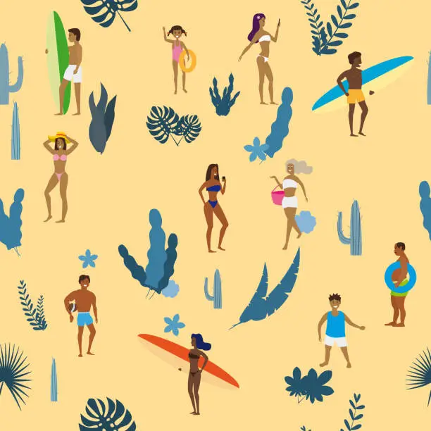 Vector illustration of Summertime seamless pattern. People having fun on the beach, relaxing and performing summer outdoor activities at beach - sunbathing, walking, carrying surfboard, swimming in sea, ocean. Exotic plants, leaves, flowers. Trend flat cartoon style, vector, is