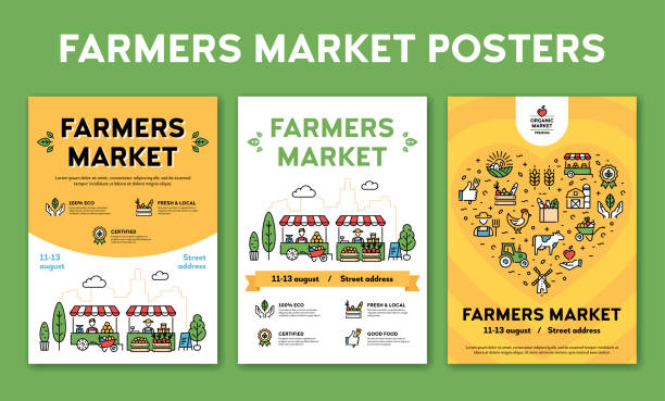 ilustraciones, imágenes clip art, dibujos animados e iconos de stock de conjunto de carteles de eventos del mercado de agricultores vectoriales - biology vegetable farmer fruit