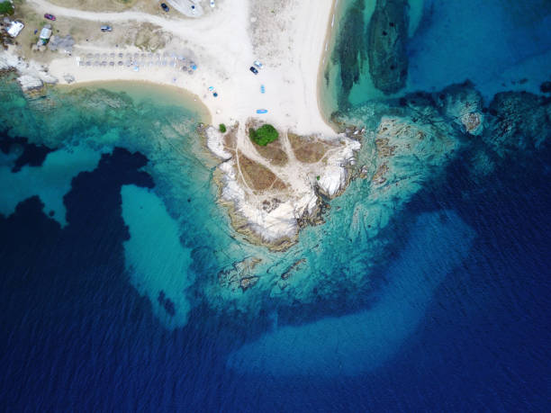 Beautiful and unique nature and summer holiday at Greek Mediterranean coast - Aegean Sea in summer time.