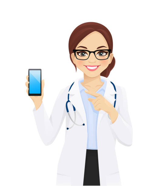 Female doctor Female doctor holding phone witn blank screen isolated vector illustartion pharmacist cartoon stock illustrations