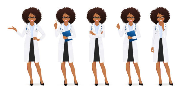 Female doctor set Female doctor set in different poses isolated vector illustartion pharmacist cartoon stock illustrations