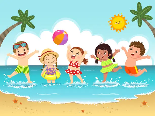 Vector illustration of Group of happy kids having fun and splashing on the beach.