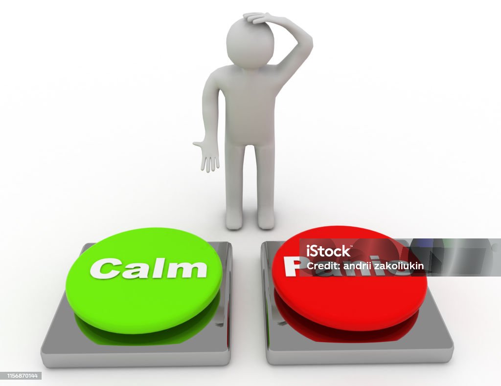 Calm Panic Buttons Show Panicking Or Calmness Counseling Calm Panic Buttons Show Panicking Or Calmness Counseling . 3d rendered illustration Terrified Stock Photo