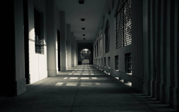 Traditional corridor of a building unique black and white photo