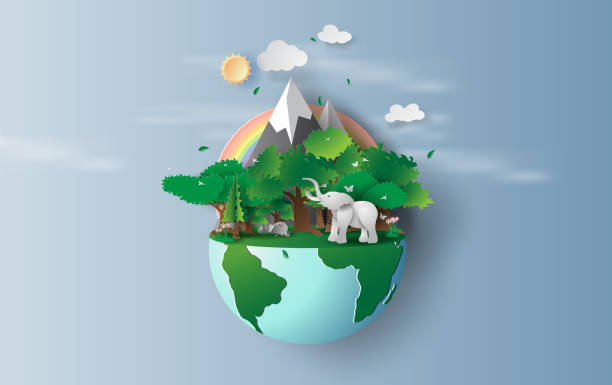 ilustracja słonia w zielonym lesie drzew, creative origami projektowania środowiska świata i pomysł koncepcji dzień ziemi. krajobraz wildlife w zielonej roślinie przyrody przez tęczę pastel.paper cut,craft.vector - earth day sun sky stock illustrations