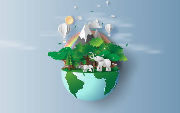 ilustracja słoni w zielonym lesie drzew, creative origami projektowania środowiska świata i koncepcji dzień ziemi. krajobraz wildlife z jelenia w zielonej rośliny przyrody przez tęczy, balloons.paper cut, rzemiosło - earth day sun sky stock illustrations