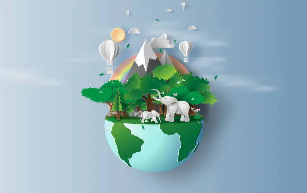 Vector illustration of illustration of elephants in green trees forest,Creative Origami design world environment and earth day concept.Landscape Wildlife with Deer in green nature plant by rainbow,balloons.paper cut,craft