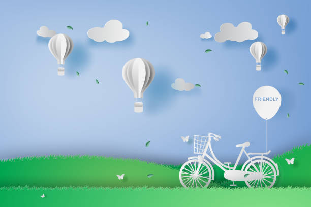 illustrazioni stock, clip art, cartoni animati e icone di tendenza di illustrazione concetto di bicicletta nel parco giardino con mongolfiere. creazione di carta digitale di design creativo e stile artistico. vista orizzontale stagione estiva sfondo blu. vacanza con decorazione bianca. vettore - bicycle playing cards