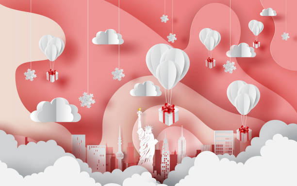 illustrazioni stock, clip art, cartoni animati e icone di tendenza di l'arte cartacea dei palloncini bianchi regala galleggiare su sfondo cielo rosa a forma di curva astratta, concetto di stagione invernale. paesaggio cittadino per carta e poster. new york. usa. vettore. illustrazione. eps10 - love transportation cloud cloudscape