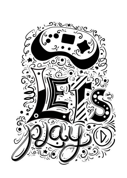 ilustraciones, imágenes clip art, dibujos animados e iconos de stock de cartel en blanco y negro con joystick de juego retro con letras lets play y diferentes patrones sobre fondo blanco. elemento vectorial secundario - vector gamepad greeting card color image