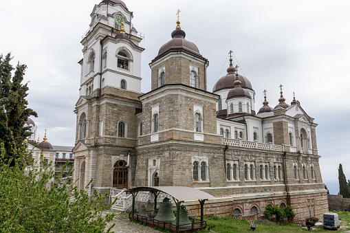 April 2017 - Greece country, Holy Mountain Athos; different views of monasteries interiors, old buildings and small gardens and streets.\nNo people.