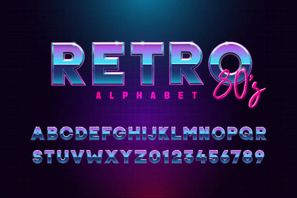 ilustrações de stock, clip art, desenhos animados e ícones de retro font effect based on the 80s. vector design 3d text elements based on retrowave, synthwave graphic styles. mettalic alphabet typeface in different blue and purple colors - music club