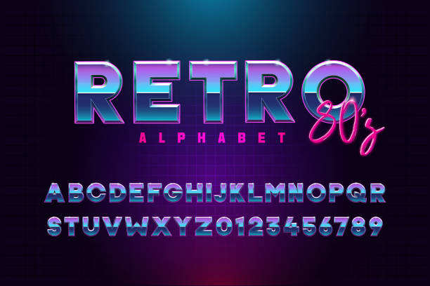 Retro font effect based on the 80s. Vector design 3d text elements based on retrowave, synthwave graphic styles. Mettalic alphabet typeface in different blue and purple colors Vector eps10 typography stock illustrations