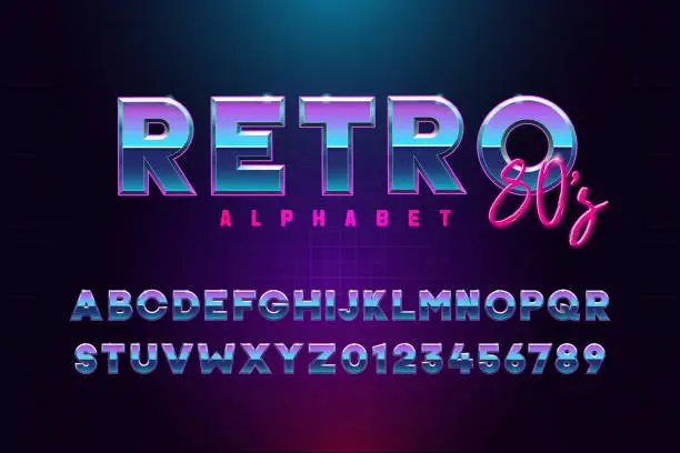 Vector illustration of Retro font effect based on the 80s. Vector design 3d text elements based on retrowave, synthwave graphic styles. Mettalic alphabet typeface in different blue and purple colors
