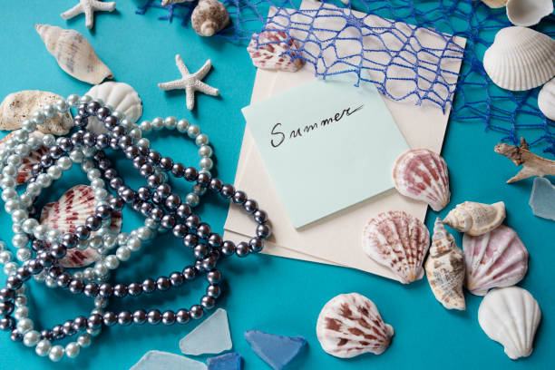 istock Summer theme.Blank white sheet and various marine elements for decoration and pearls. Letter of Summer 1156887146