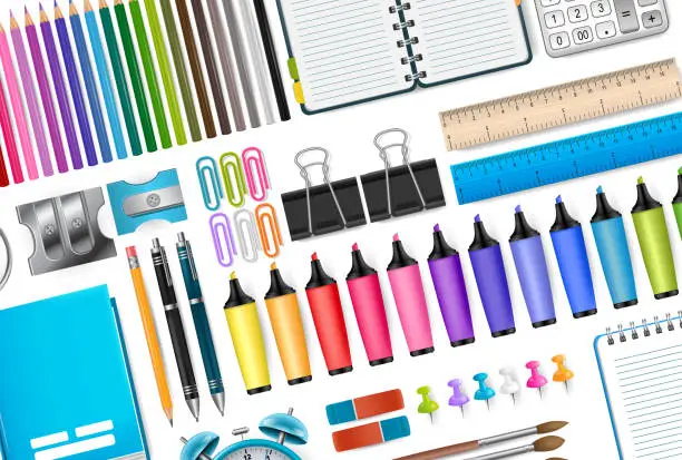 Vector illustration of School supplies background. Vector illustration.