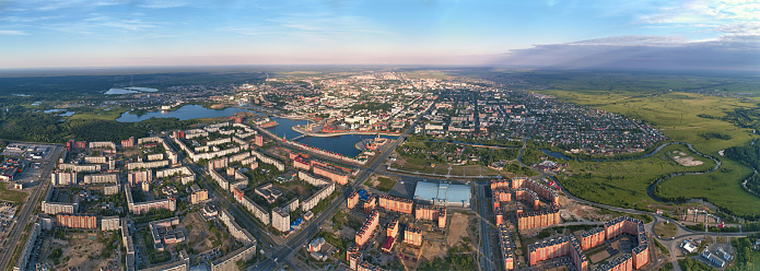 Beautiful bird's-eyes view of Russian town Yoshkar-Ola located in Volga region. Shooting at sunny summer morning