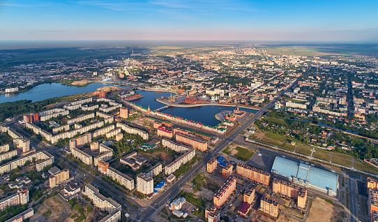 Beautiful bird's-eyes view of Russian town Yoshkar-Ola located in Volga region. Shooting at sunny summer morning