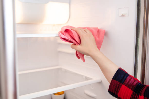 Woman cleans up the shelves in the fridge with pink cloth. stock photo