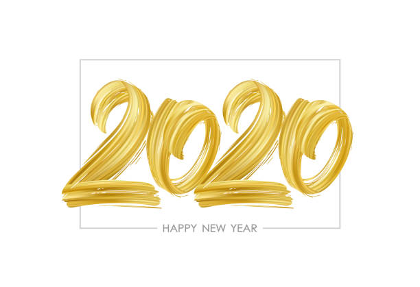 ilustraciones, imágenes clip art, dibujos animados e iconos de stock de pincel dibujado a mano pincel de pintura dorada letras de 2020. feliz año nuevo - 2020