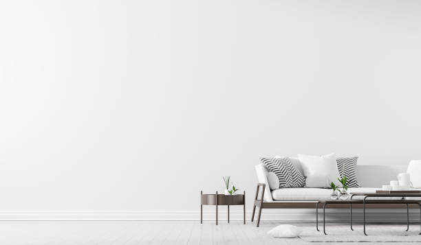 istock Scandinavian style interior with sofa and coffe table. Empty wall mock up in minimalist interior. 3D illustration. 1156894720