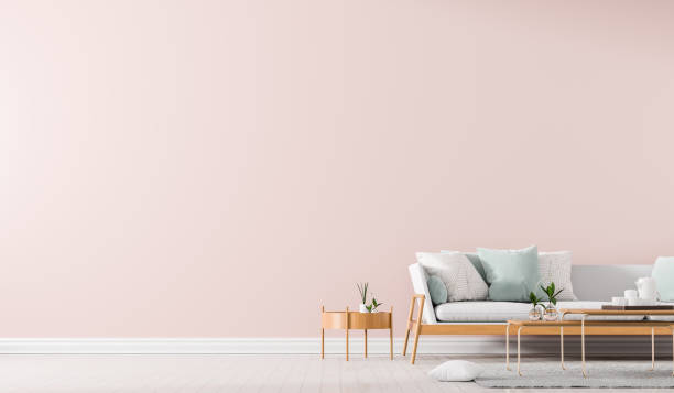 istock Scandinavian style interior with sofa and coffe table. Empty wall mock up in minimalist interior. 3D illustration. 1156894766