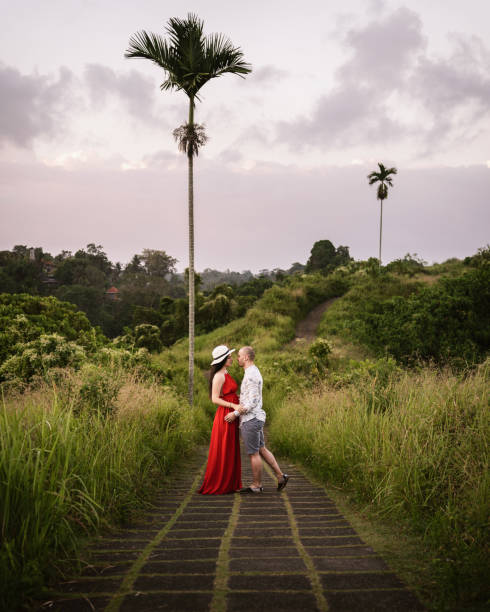 Kissing is a great calorie burner Young beautiful couple dancing, kissing or walking on Campuhan Ridgeway of artists, in Bali, Ubud. Beautiful calm sunny morning. Photo of very passion photo of wedding couple enjoying nature. malay couple full body stock pictures, royalty-free photos & images