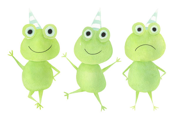 ilustrações de stock, clip art, desenhos animados e ícones de set with cute watercolor frogs in party hats isolated on white background - party hat hat white background blue