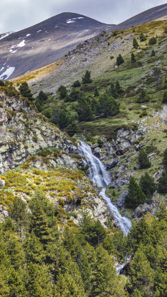 très belle vallée dans les pyrénées de montagne de l'espagne (nom de vallée est vall de nuria) - runnel photos et images de collection