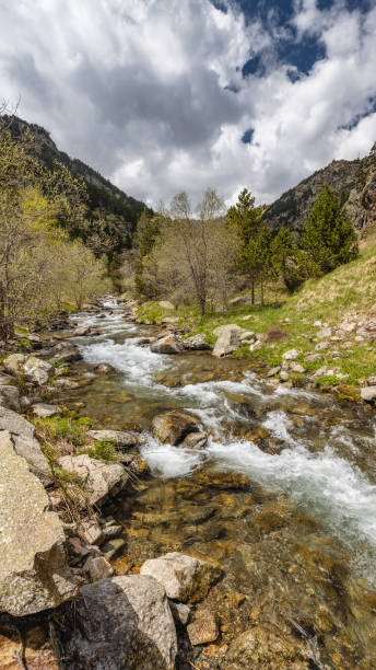 très belle vallée dans les pyrénées de montagne de l'espagne (nom de vallée est vall de nuria) - runnel photos et images de collection