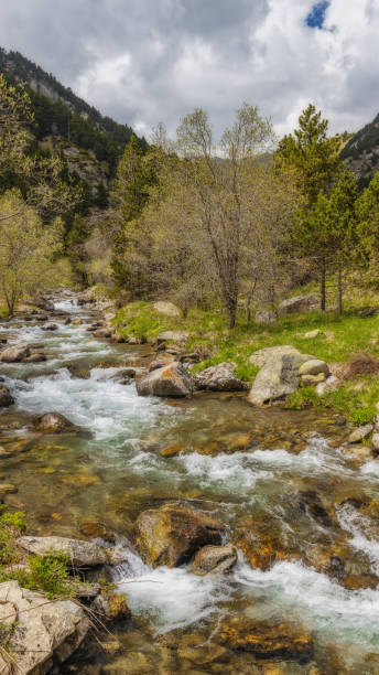 très belle vallée dans les pyrénées de montagne de l'espagne (nom de vallée est vall de nuria) - runnel photos et images de collection