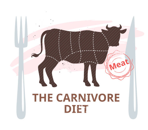 Carnivore dishes restaurant web banner vector template Carnivore dishes restaurant web banner vector template. Zero carb, no vegetables diet poster. Beef cutting guide, cow silhouette illustration. Meat stamp. Fork and knife cutlery. Butchery store sign carnivora stock illustrations