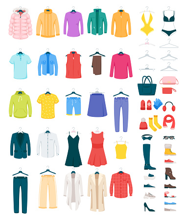 Men and women clothes on hangers vector illustrations set. Footwear and accessories isolated cliparts pack. Winter and summer seasonal outfits. Dresses, shirts, boots fashionable boutique assortment