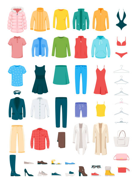 Clothes and accessories vector illustrations set Clothes and accessories vector illustrations set. Men and women footwear isolated cliparts pack. Winter and summer seasonal outfits. Female fashionable bags and totes. Jackets, shirts, outerwear coat garment stock illustrations