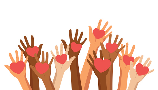 Voluntary, charity and donation flat vector illustration. Volunteers, social workers holding hearts in palms. Group of people raising hands. Unity in diversity. Social help for people in need clipart