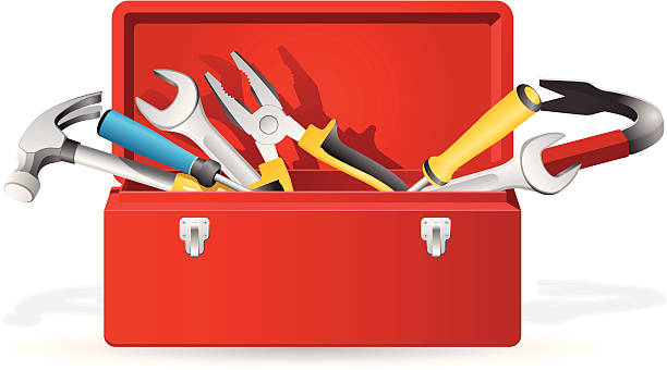 ilustraciones, imágenes clip art, dibujos animados e iconos de stock de caja de herramientas roja con herramientas - tool box