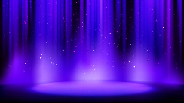 istock Empty blue purple scene with dark background, place lit by soft indigo spotlight, shiny sparkling particles. Indigo background with soft glow, divine radiance. Vector illustration 1156899850